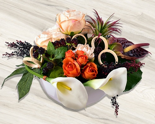 Coupe quartz, pivoine, rose cabbage, anthurium, succulent, callas